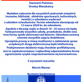 Komunikat Burmistrza Sandomierza w sprawie odwołania wydarzeń kulturalnych