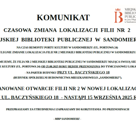 CZASOWA  ZMIANA  LOKALIZACJI  FILII  NR  2  MIEJSKIEJ  BIBLIOTEKI  PUBLICZNEJ  W  SANDOMIERZU